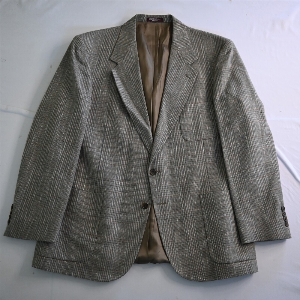 Vtg USA Made 46L 90s Green Gray Glenn Check Soft Tweed Blazer‎ Jacket Sport Coat